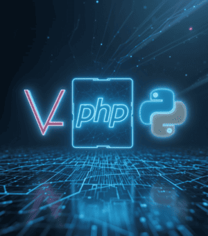 Logos of technologies including Laravel, PHP, Python, and WordPress